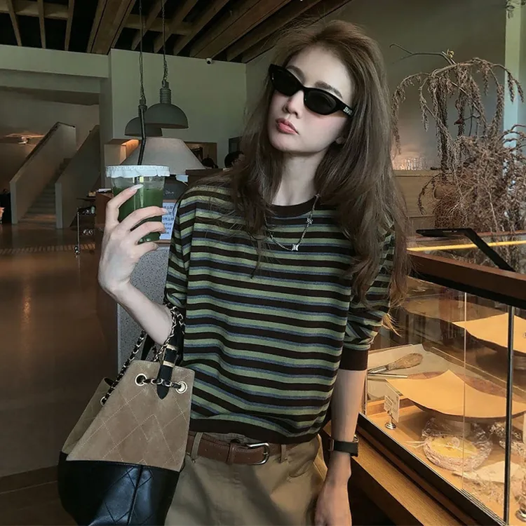 2025新款时尚两件套女港风复古条纹显瘦卫衣百搭高腰阔腿裤夏季