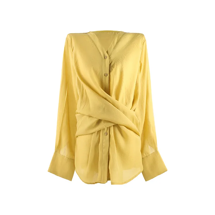 清！【微风轻扬】长袖女上衣薄款夏季收腰衬衫黄色衬衣SHBZU917679