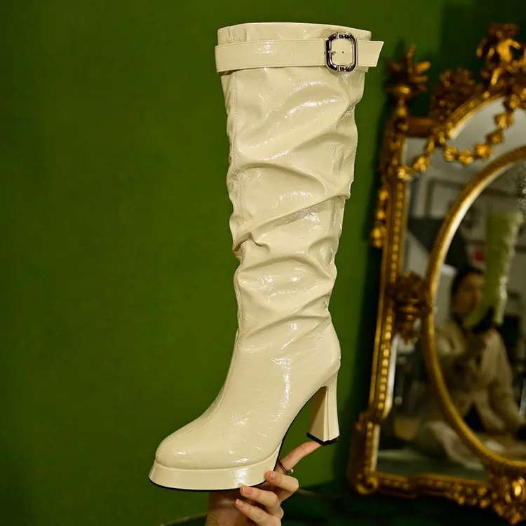 【DUOSI】9公分圆头长筒粗跟白色时装高筒长靴漆皮高跟长筒靴V6593
