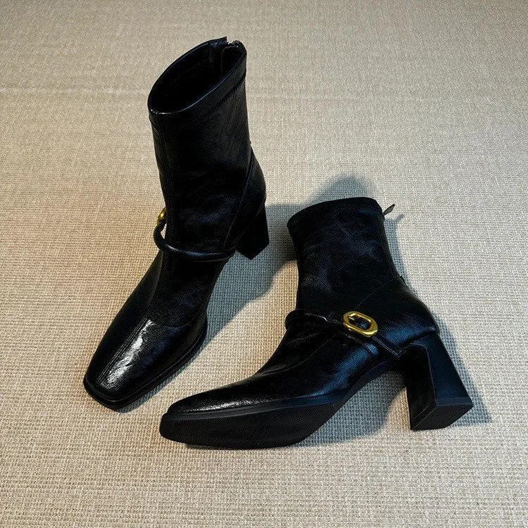 法式复古弹力瘦瘦女2025年秋冬高跟短靴小方头粗跟马丁靴女款