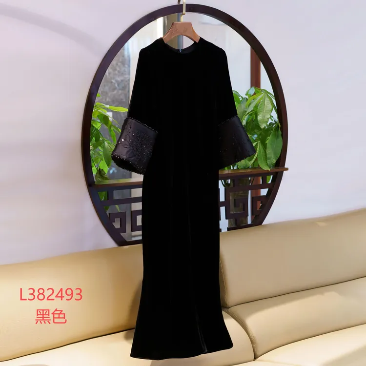 【锦系~新款】真丝丝绒新中式桑蚕丝圆领八分袖连衣裙L-382493