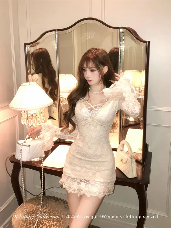 【温柔陷阱】气质纯欲蕾丝紧身包臀连衣裙女2025春季新款显瘦短裙子