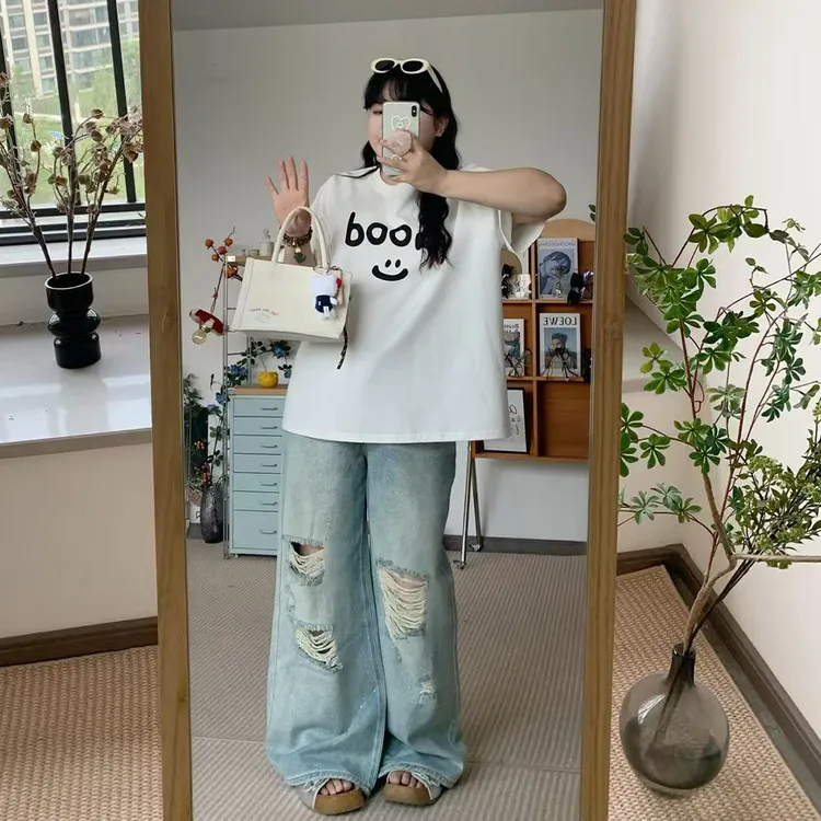 女装女裤碎钻破影港风老钱纯欲慵懒直筒阔腿牛仔裤长裤破洞 6109