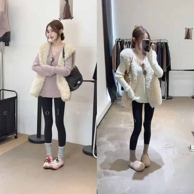 流行穿搭一整套法式INS风时尚冬季毛衣打底保暖马甲鲨鱼裤三件套