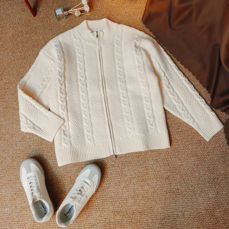 【G500】重磅羊毛混纺立领针织开衫绞花肌理轻熟温柔毛衣外套男士