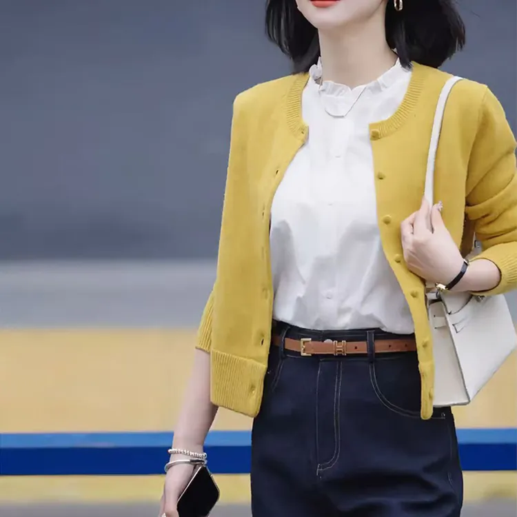 2025春秋新款洋气百搭圆领针织衫开衫毛衣女外套宽松显瘦短款上衣