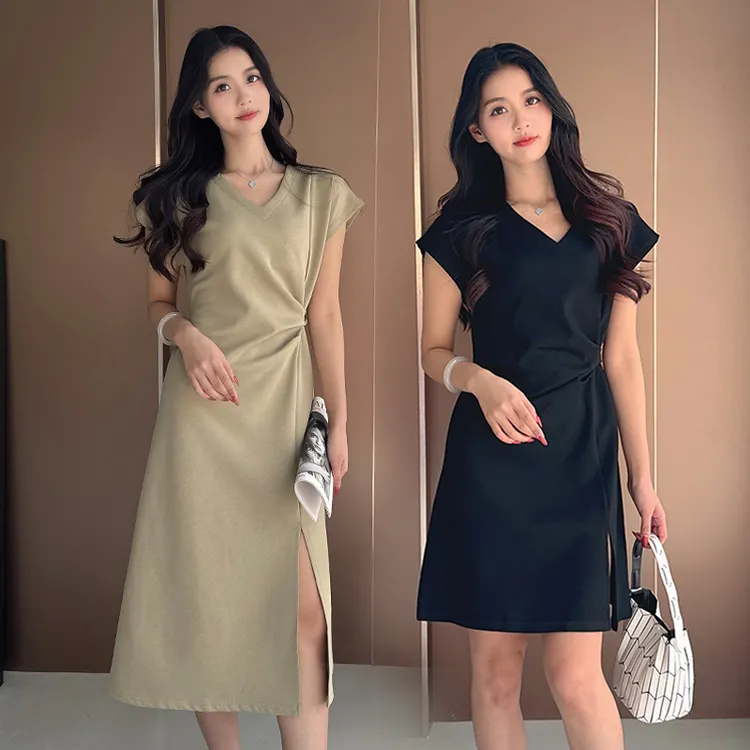 小个子连衣裙女法式休闲V领2025新款显瘦修身裙子系带遮肉A字裙子