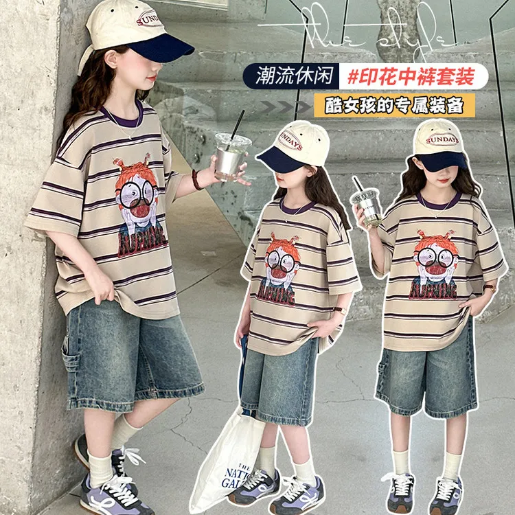 儿童套装夏季2025爆款中大童t恤衫牛仔中裤两件套小学生休闲衣服