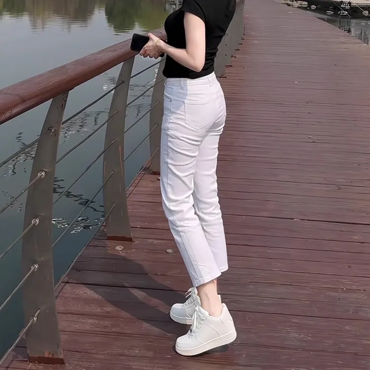 白色直筒牛仔裤女夏季薄款2025小个子新款高腰显瘦九分烟管法棍裤