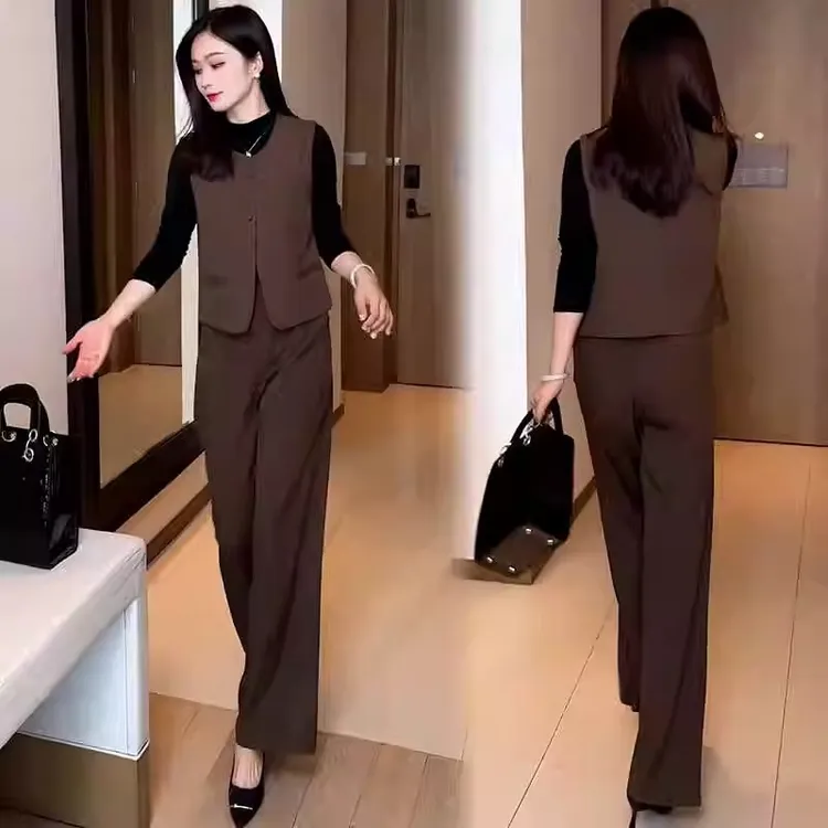 百搭老钱风女装套装秋季新款琥珀风职业西装马甲长袖打底衫阔腿裤