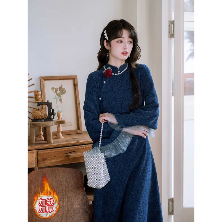 【汉服新中式】复古蓝色改良旗袍连衣裙2025年冬季加绒加厚民国风百