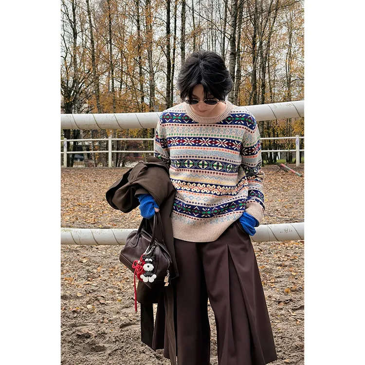 HERLAND她地 纯羊毛费尔岛提花宽松圆领针织衫复古经典毛衣