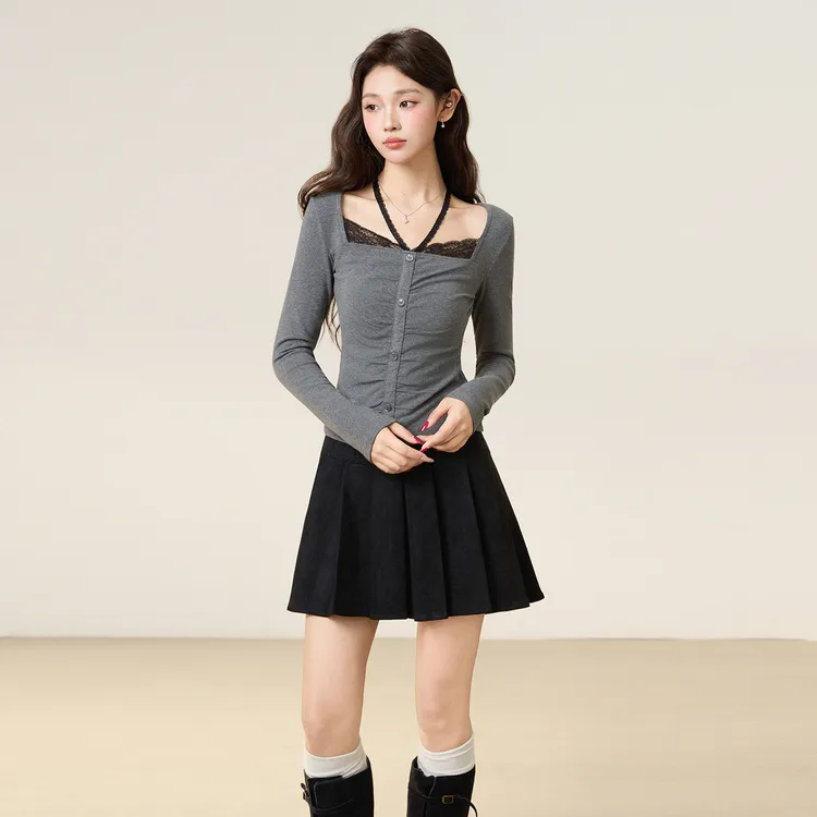 纯欲蕾丝磨毛长袖T恤秋冬新款打底衫内搭修身显瘦上衣女