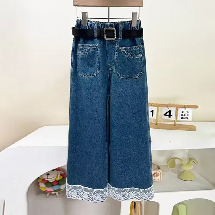 高腰直筒蓝色童装夏装连衣衣服冲锋衣高端新款花边裤脚牛仔阔腿裤