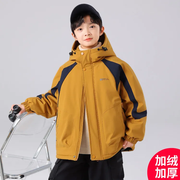 儿童装休闲风加绒加厚款男秋冬外套防水防风男童户外保暖冬季衣服