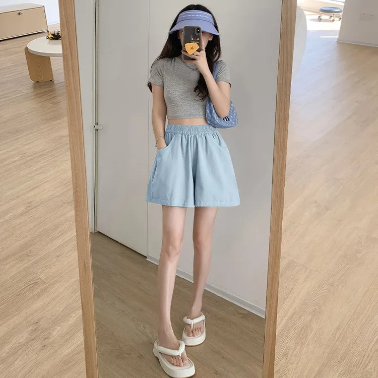 短裤显瘦多巴胺阔腿裤薄款口袋a字运动高腰纯色休闲三分裤女