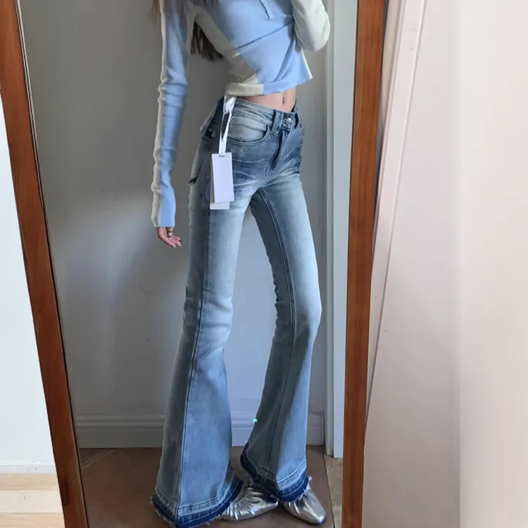 美式复古低腰设计微喇牛仔裤女春夏新款弹力抓纹马蹄裤时尚潮流