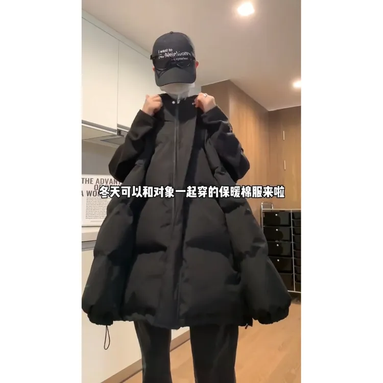 纯黑色不臃肿羽绒棉服男冬季加厚立领棉衣外套美式高街短款面包服