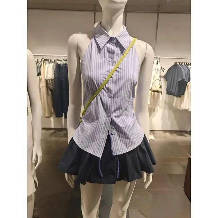 2025夏季新款女装条纹系带无袖衬衫背心上衣高腰短裤裙子两件套装