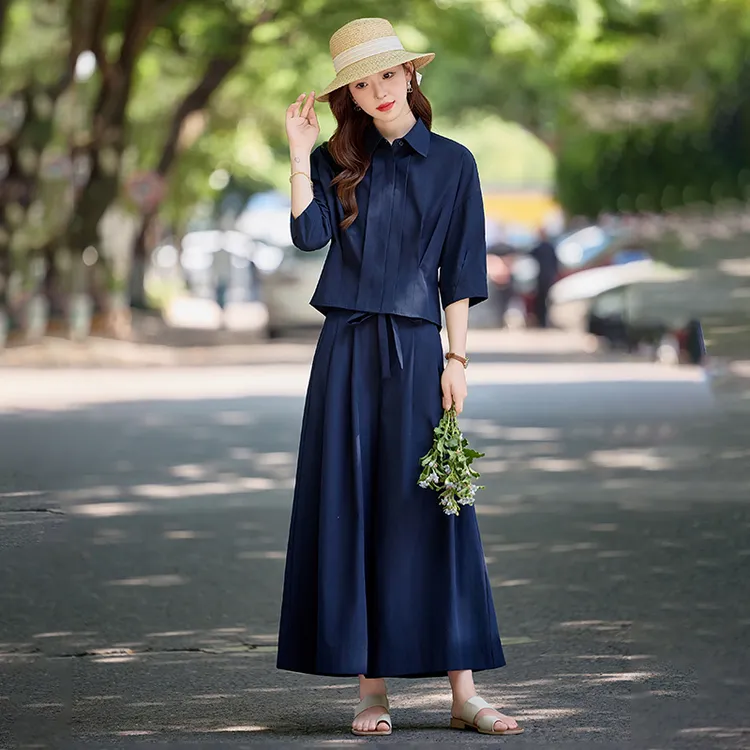 韩系休闲套装裤女202夏新款七分袖衬衫遮肉显瘦阔腿裤大码两件套