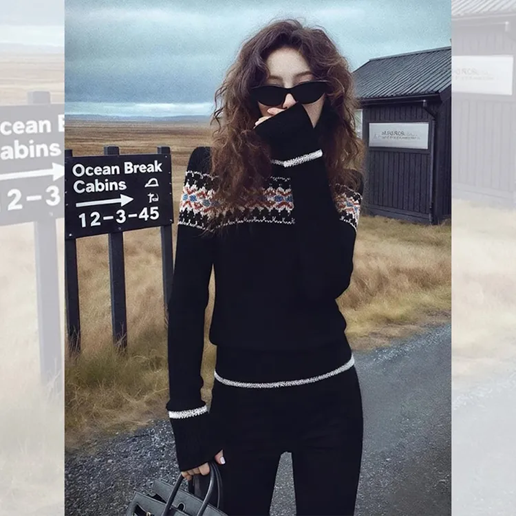 别致独特漂亮内搭黑色费尔岛提花针织小衫毛衣女秋冬洋气高贵上衣
