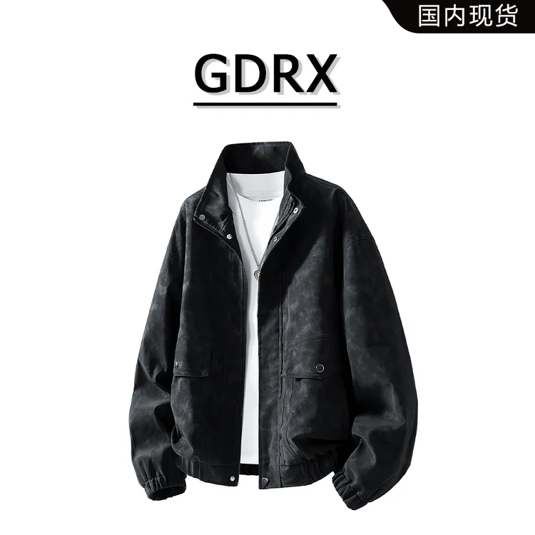 GDRX美式扎染立领夹克男秋冬宽松加绒加厚百搭外套轻奢痞帅男装