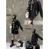 妮妮家6009春季新款拼接撞色条纹休闲翻领长袖外套