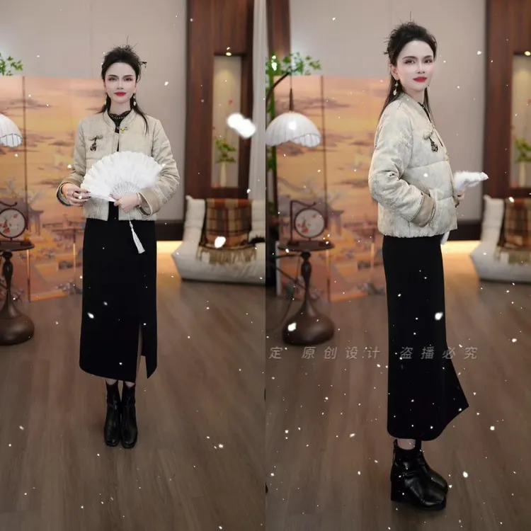 2025冬款新中式银杏色提花国风加厚保暖外套 黑色半裙两件套M-4XL