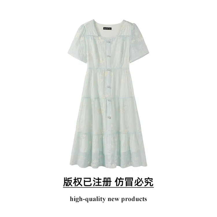 【奢姿】大码女装2025夏季减龄小碎花连衣裙胖妹妹装饰方领裙子