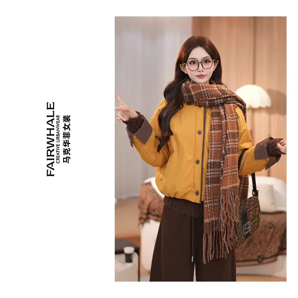 马克华菲女装厚款短款纯色拼接宽松型加厚款棉衣圆领F54014A553 q