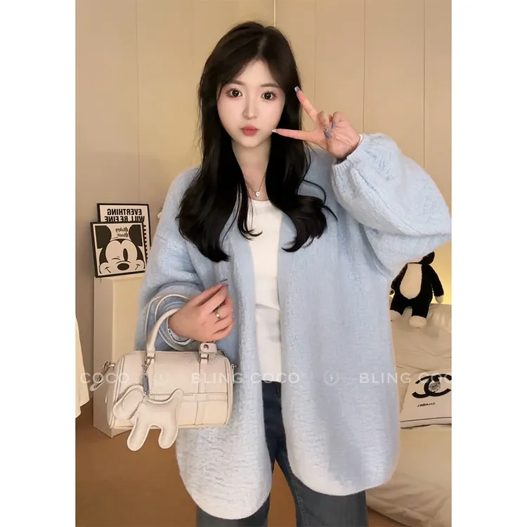 2025新款树皮纹泡泡袖短款女慵懒风针织衫开衫外套