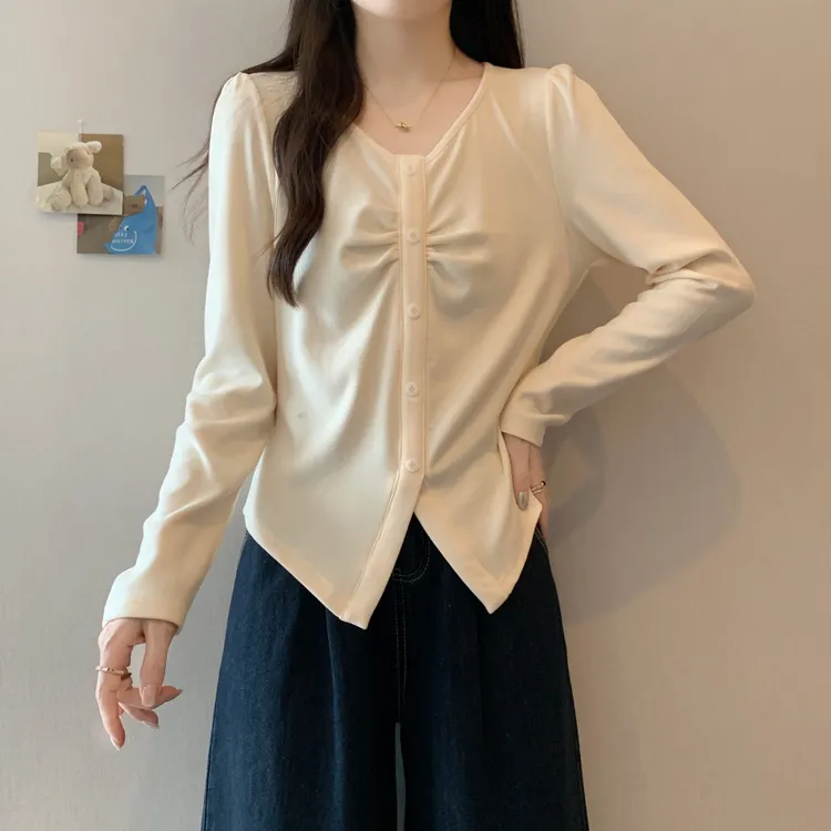 微胖妹妹正肩V领褶皱长袖t恤女秋冬新款设计感收腰显瘦打底衫上衣