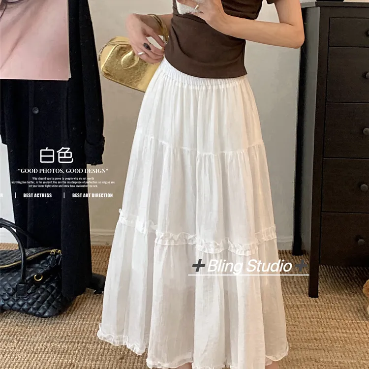 BLING -透气棉麻甜美木耳边拼接A字中长款半身裙8110