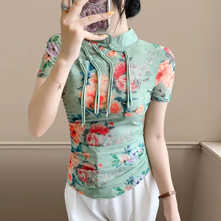 盘扣t恤女立领短袖新中式国风网纱上衣2025夏季修身洋气半袖体恤