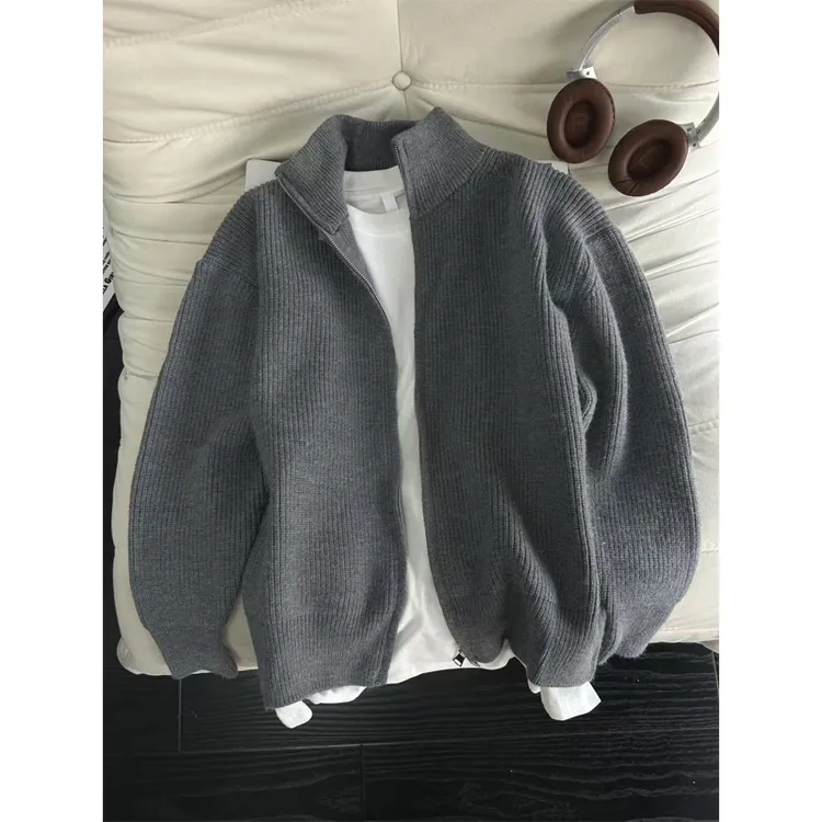 cleanfit灰色立领针织外套男款秋冬季美式复古双拉链开衫毛衣夹克