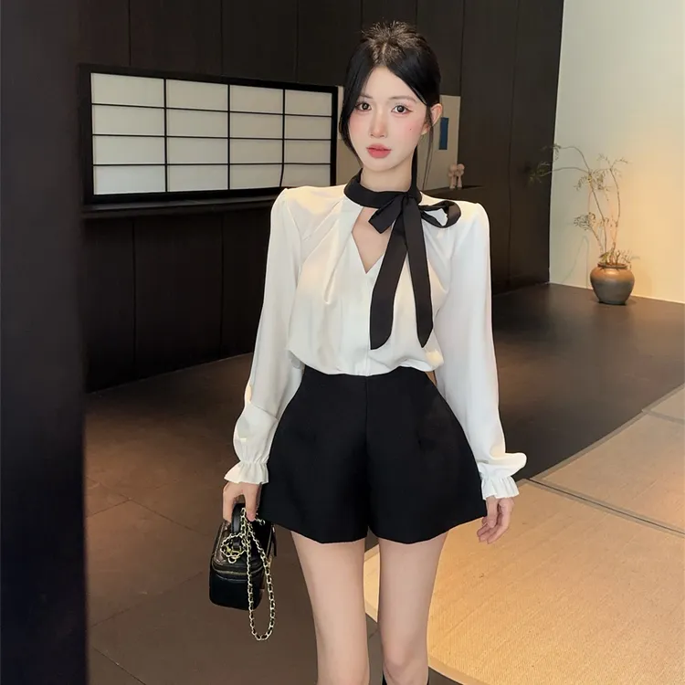 法式甜美温柔风蝴蝶结长袖衬衣套装女气质衬衫上衣高腰短裤两件套
