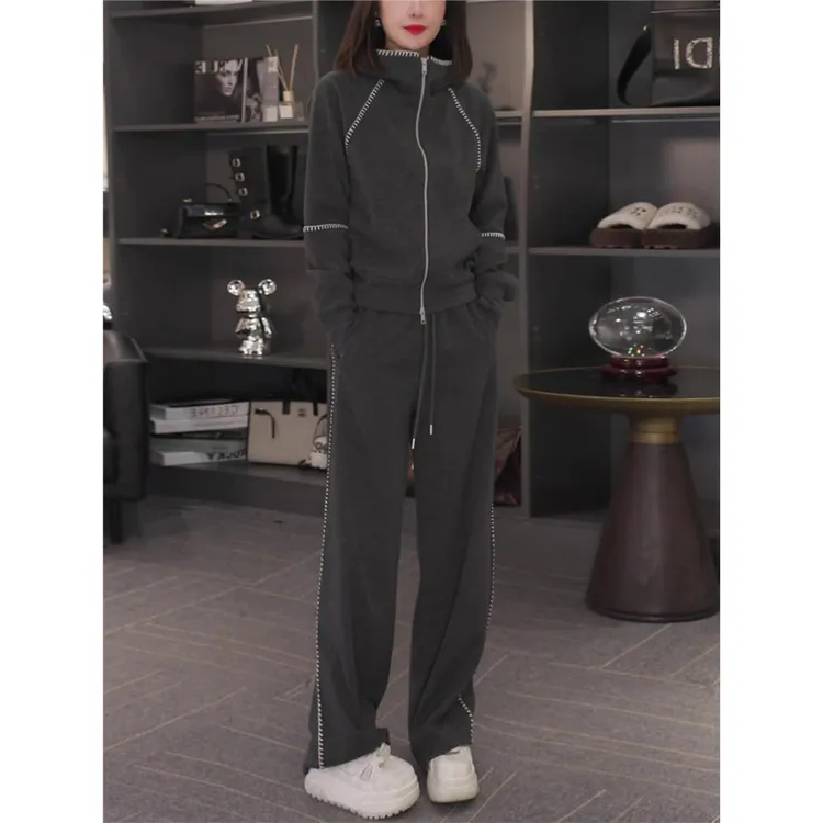 翊飞秋冬时尚减龄灰色外套上衣阔腿裤两件套女高级感休闲运动套装