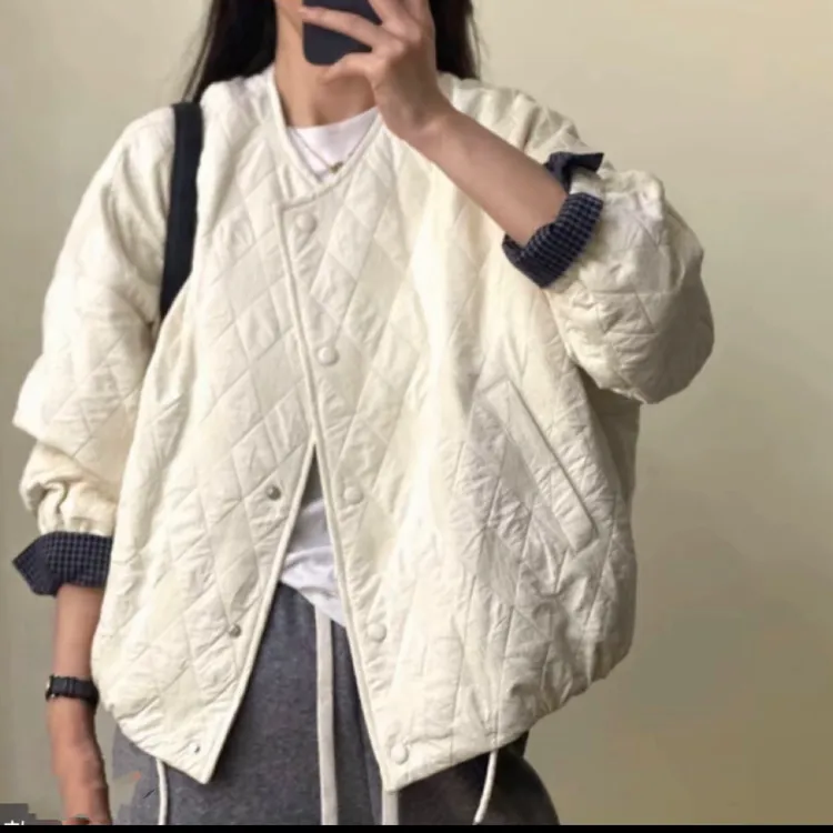 2025圆领菱形格短款外套女秋冬新款宽松休闲拼接袖口外套上衣