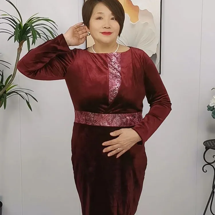 高腰长袖中长裙连衣裙民族风设计师女士气质提花国风红色时尚