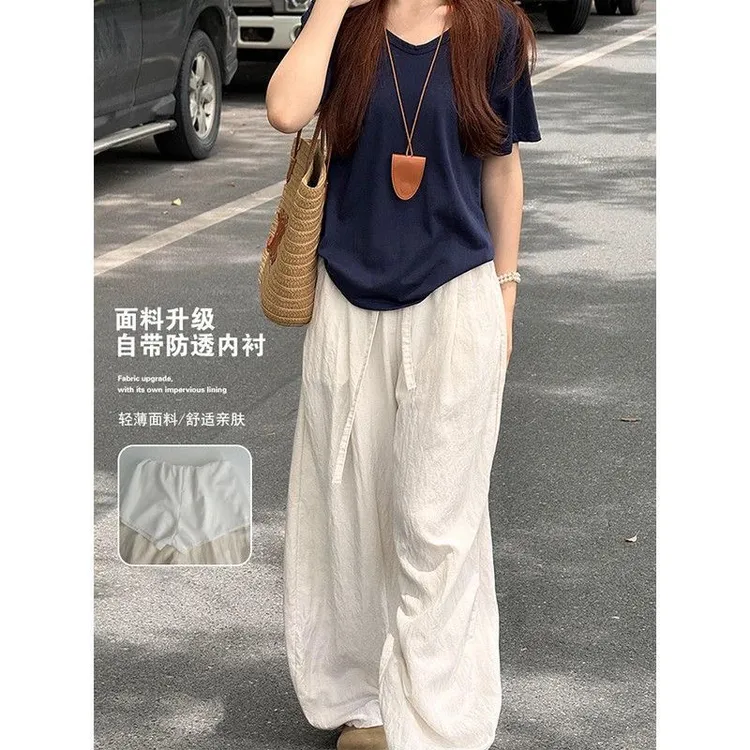 亚麻冰丝阔腿裤女夏薄款2025新款高腰宽松慵懒风休闲裤天丝裤老钱