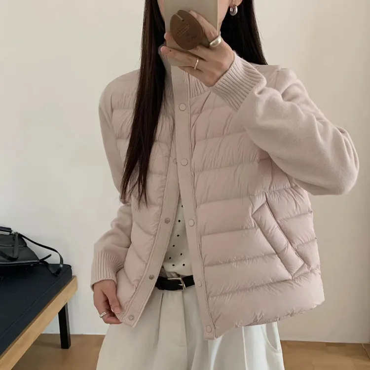 韩国新款时尚针织立领拼接白鸭绒羽绒服保暖轻薄打底无领外套女