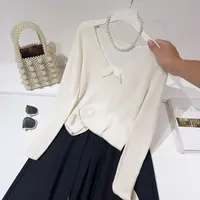 胸88-160长51长袖温柔打结设计感小众坑条针织上衣 2439