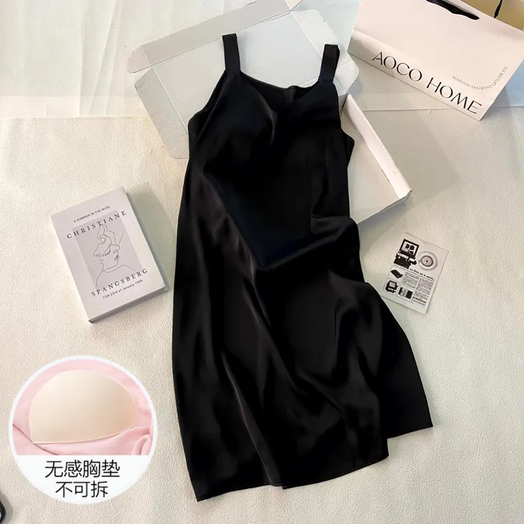 冰雪丝带胸垫吊带睡裙睡衣女夏季性感可外穿2025新款黑色裙家居服