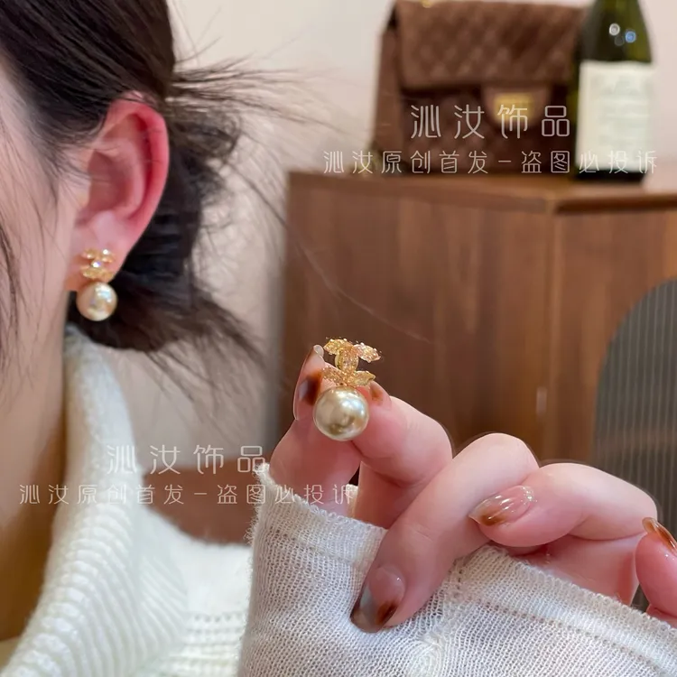 【沁汝饰品】FQ912金色前后戴珠珠一款两戴耳环百搭