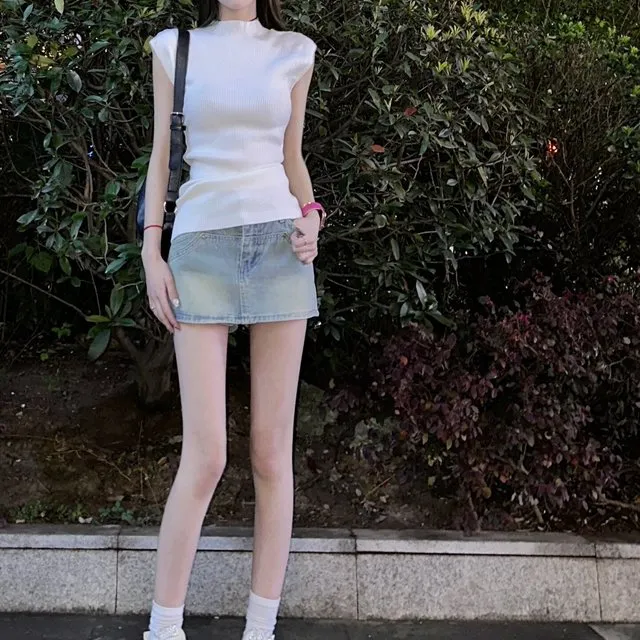 夏季辣妹半高领修身无袖冰丝针织衫女正肩上衣短袖t恤纯欲打底衫