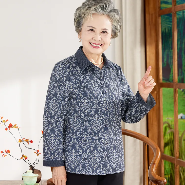 奶奶秋季衬衫中老年人上衣女妈妈洋气衬衣宽松老人春秋款长袖外套