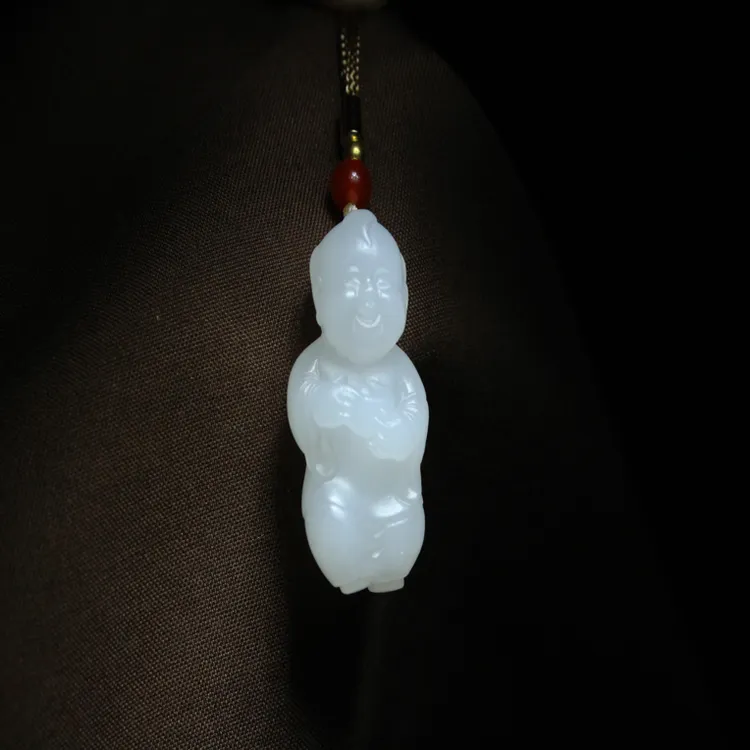 天然和田玉白玉 送 财 童子 元宝童子尺寸17/33/13mm，重量：10.15g