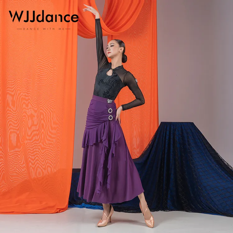 WJJdance国标舞半身长裙女2025新款珍珠钻扣卡褶花摩登交谊大摆裙