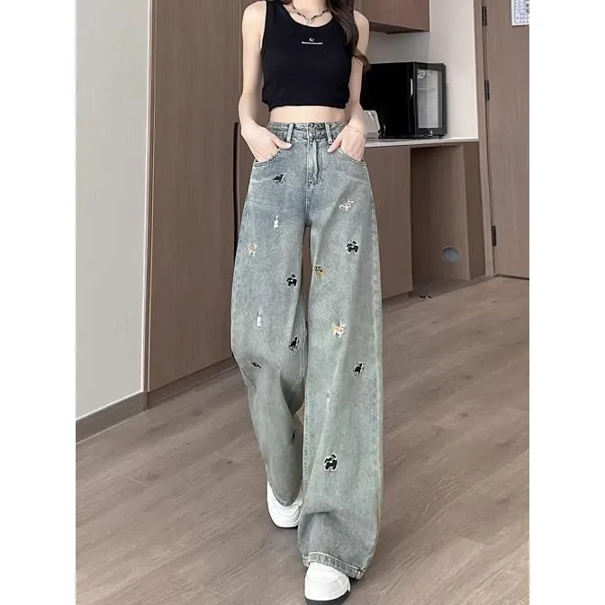 复古蓝小狗刺绣牛仔高腰裤子2025夏阔腿宽松网红牛仔休闲裤牛仔裤