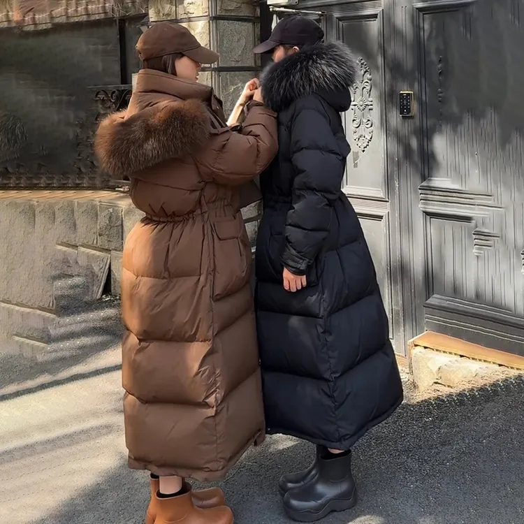 韩版气质羽绒服女长款过膝加厚2025新款大毛领连帽白鸭绒保暖外套